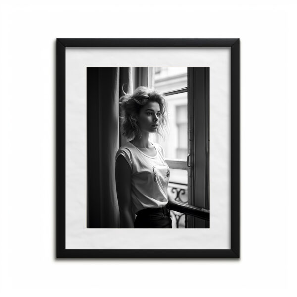 Impression cadre noir - Modèle photo AI noir et blanc jeune femme de profil face à une fenêtre dans un appartement parisien