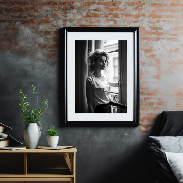 Décore chambre mur gris-orange - Modèle photo AI noir et blanc jeune femme de profil face à une fenêtre dans un appartement parisien