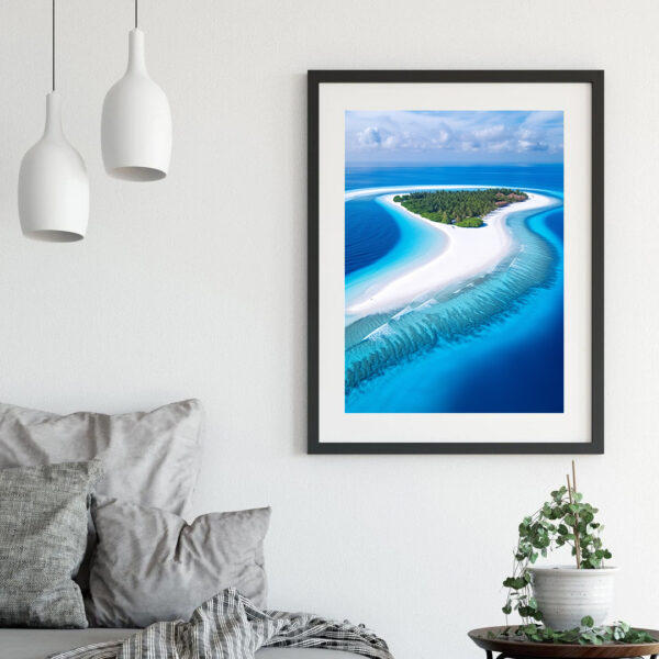 décor cadre pour photo chambre blanche atoll vue de drone