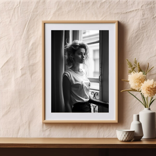 Décor cadre bois - Modèle photo AI noir et blanc jeune femme de profil face à une fenêtre dans un appartement parisien