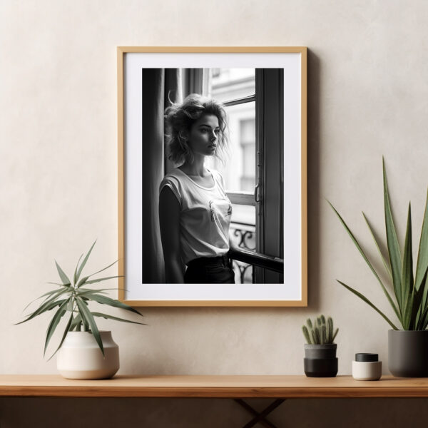 Décor Salon Modèle photo AI noir et blanc jeune femme de profil face à une fenêtre dans un appartement parisien