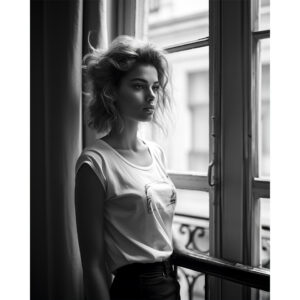Impression full frame - Modèle photo AI noir et blanc jeune femme de profil face à une fenêtre dans un appartement parisien