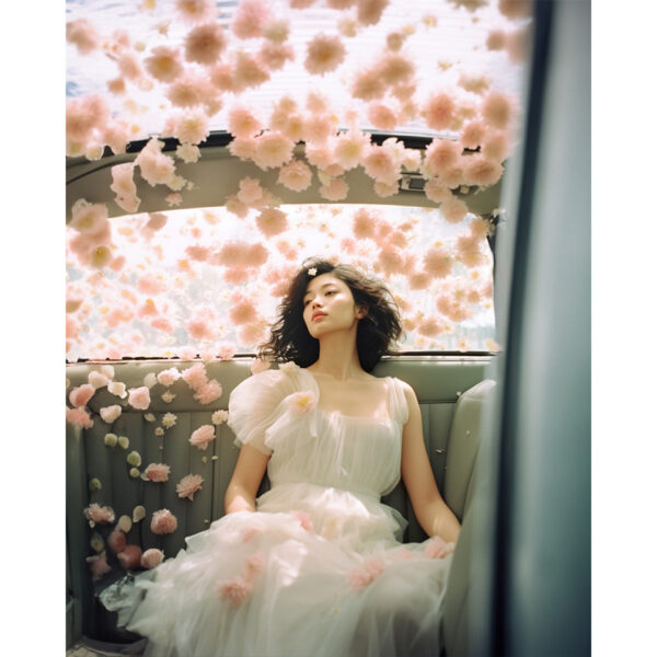 Impression plein format - Portrait d'une femme brune asiatique assise dans une voiture, des roses volent autour d'elle, le temps et suspendu fashion mode AI design