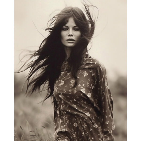 Impression plein format - Femme brune les cheveux dans le vent, création artistique IA, photo sépia années 70