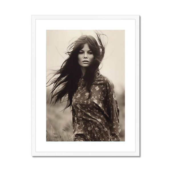 Cadre blanc - Vent d'automne - Femme brune les cheveux dans le vent, création artistique IA, photo sépia années 70