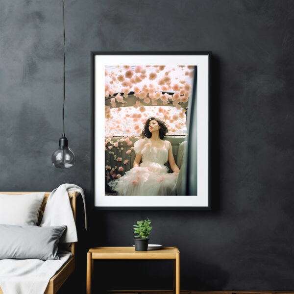 Rose Evanescence - décor mur gris foncé - Portrait d'une femme brune asiatique assise dans une voiture, des roses volent autour d'elle, le temps et suspendu fashion mode AI design