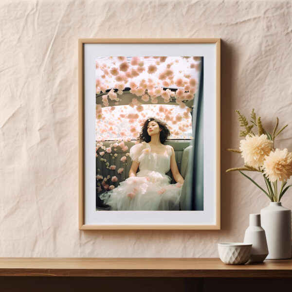 Roses Evanescence mur beige - Portrait d'une femme brune asiatique assise dans une voiture, des roses volent autour d'elle, le temps et suspendu fashion mode AI design