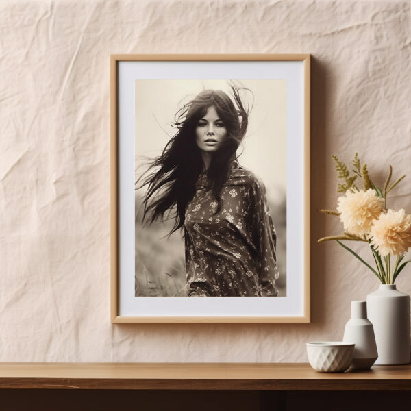 Décore mur beige - Vent d'automne - Femme brune les cheveux dans le vent, création artistique IA, photo sépia années 70